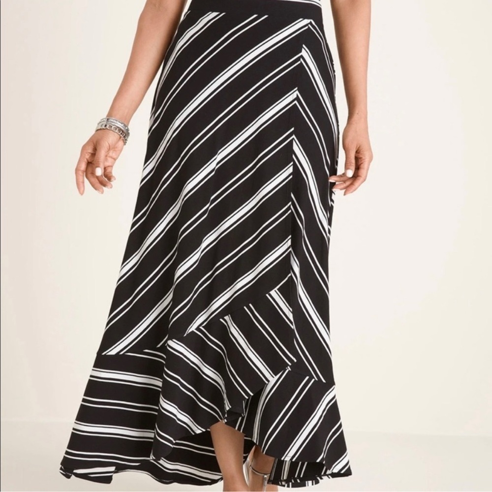 Chico’s Striped Ruffle Hem Yarn Dyed Maxi Skirt Black White Size 1 Medium NWT